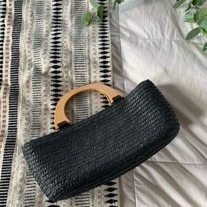 Black Woven Raffia Wood Handle Bag